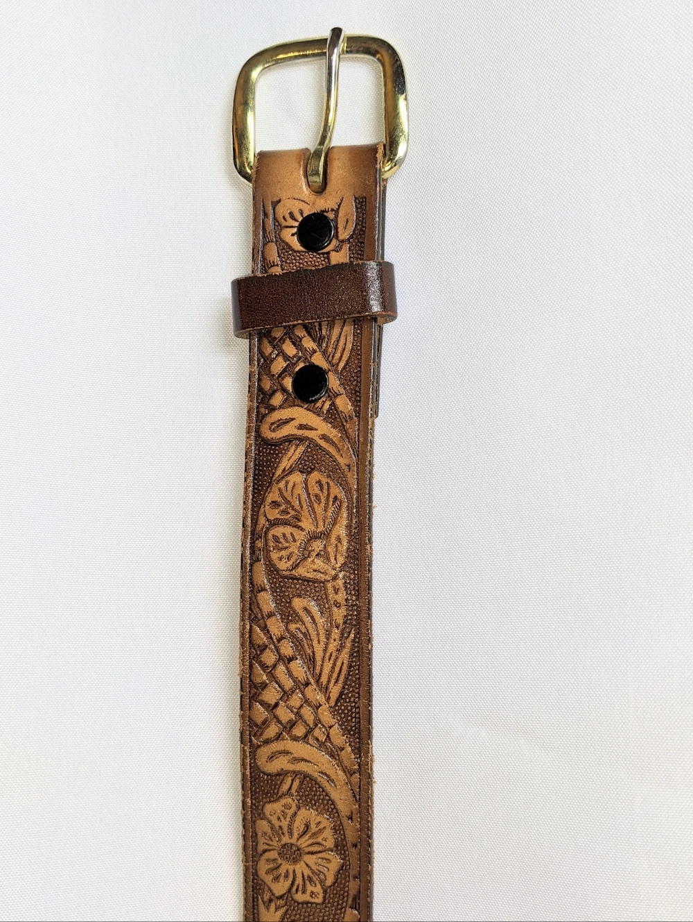 Vintage Unisex Tooled Leather Belt, Gold-tone Removable Buckle, Sz 28"/70cm - Picture 3 of 13